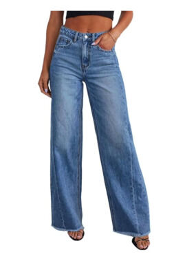 Sidefeel Women's Wide Leg Jeans High Waisted Stretchy Raw Hem, Size 6